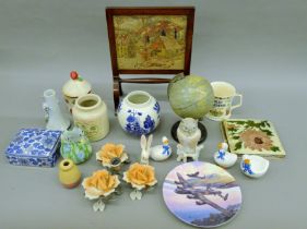 Two boxes of china including a 19th century table screen and vintage globe and figurines.
