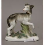 A 19th century porcelain model of a greyhound/whippet modelled wearing a coursing collar,