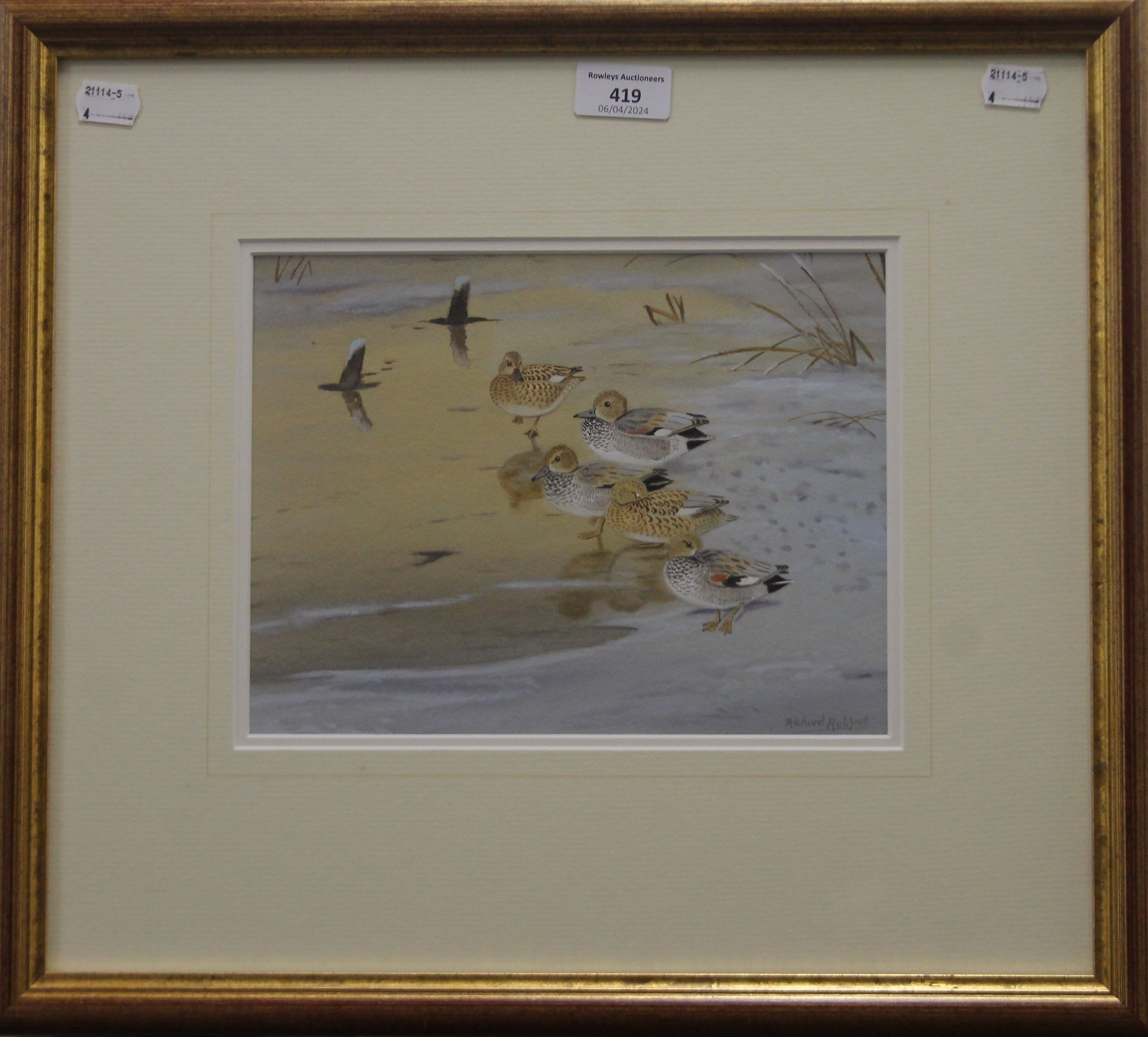 RICHARD ROBJENT (born 1937), Gadwall - Frozen Out, watercolour, signed, framed and glazed. 25. - Image 2 of 3