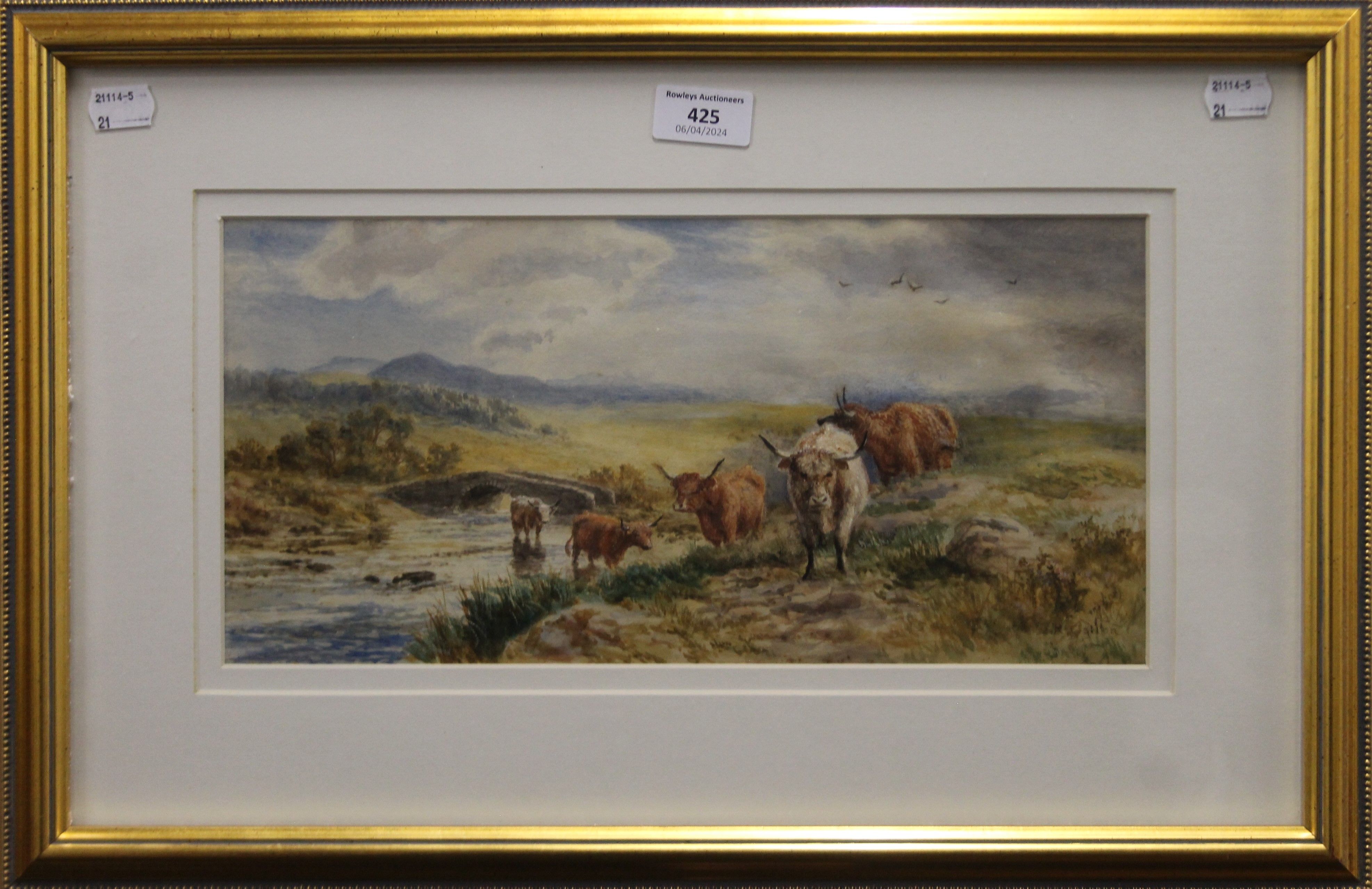 ROBERT GALLON (1845-1925), Highland Cattle, watercolour, signed, framed and glazed. 35.5 x 18 cm. - Image 2 of 3