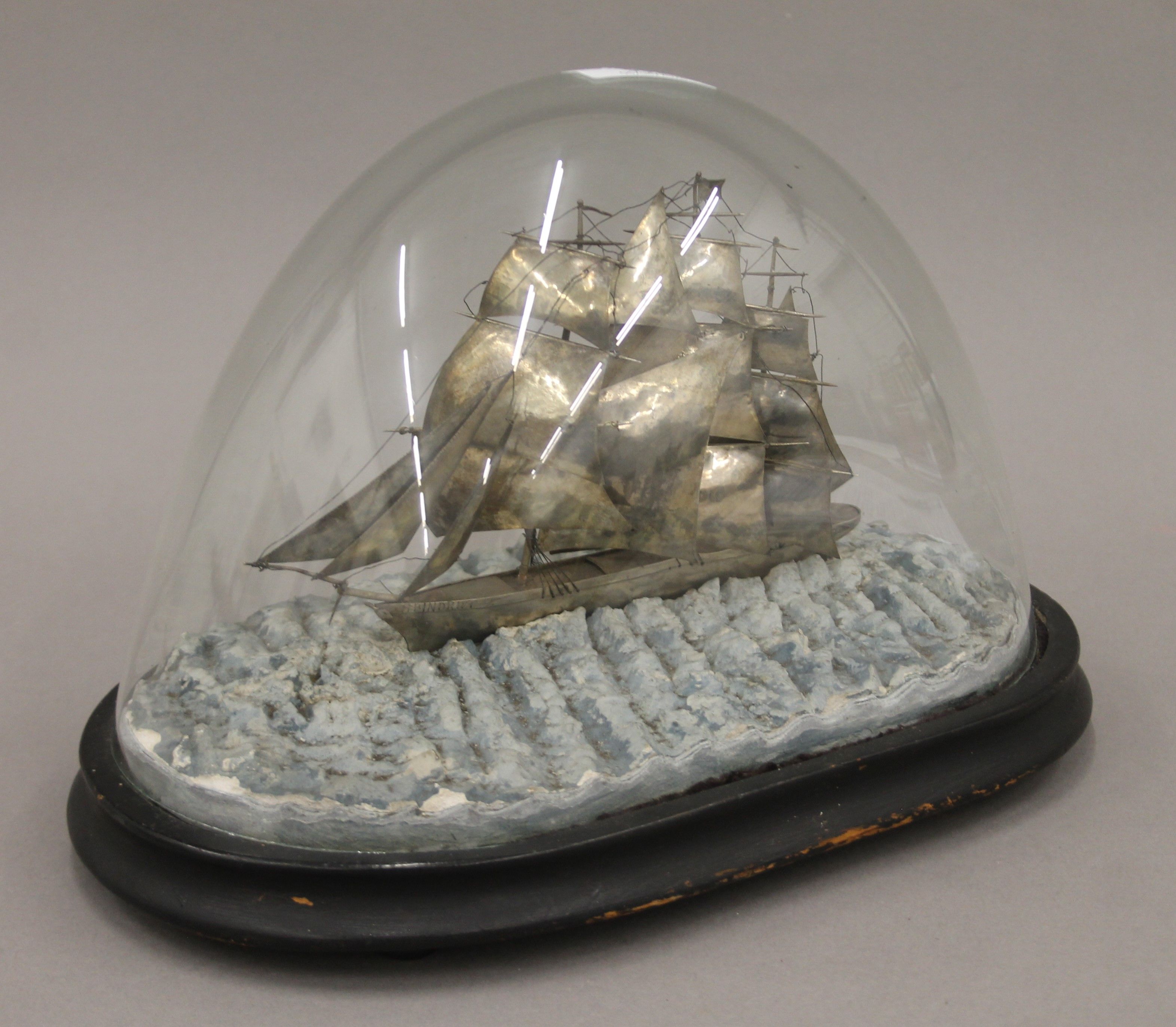 A 19th century Chinese silver model of the tea clipper Spindrift under a glass dome. - Image 3 of 7