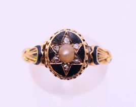 An 18 ct gold, enamel, diamond and pearl 'in memory of' ring, hallmarked for London 1870,