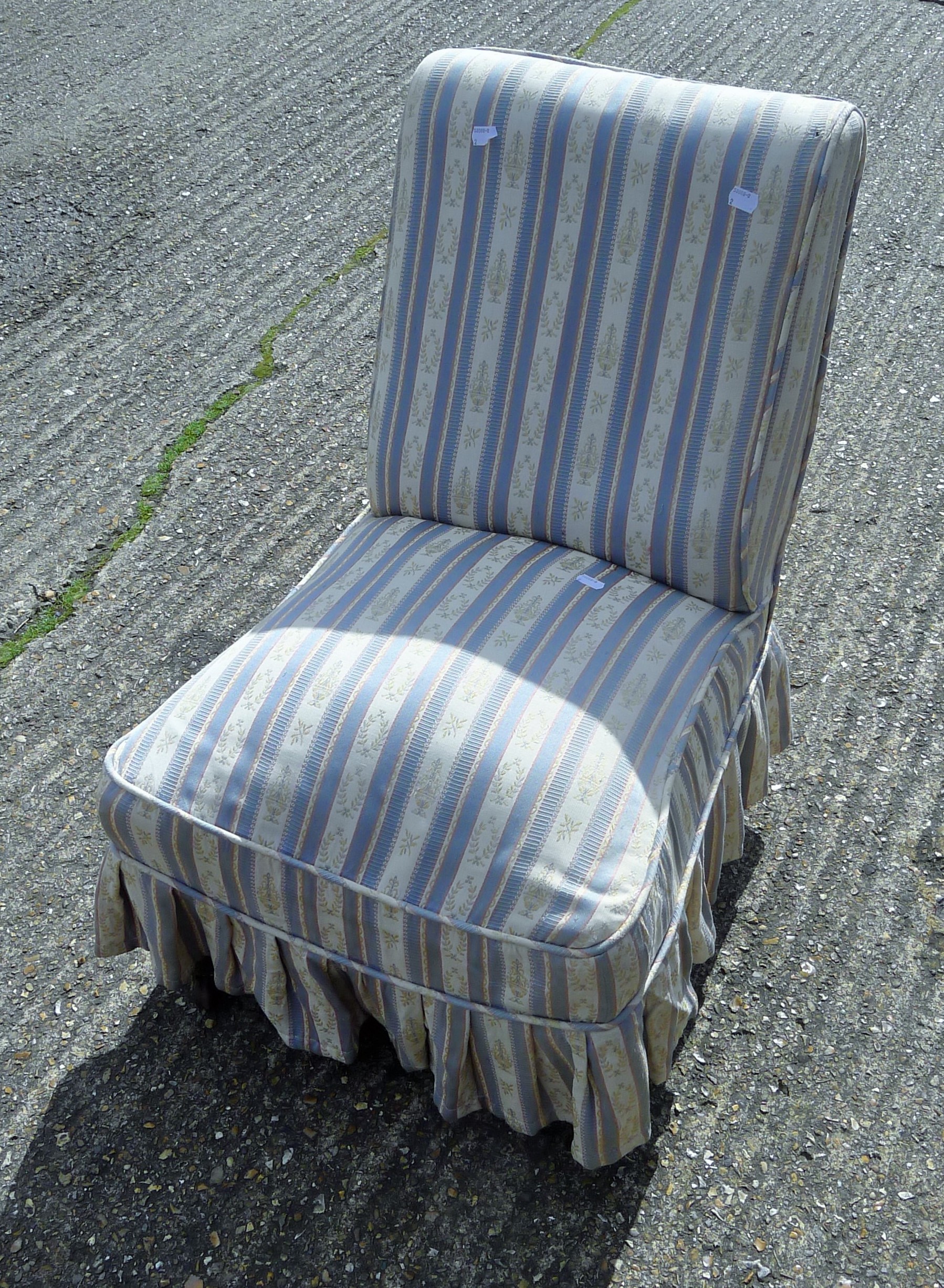 A Victorian tub chair and a Victorian nursing chair with blue and white striped loose upholstery. - Image 4 of 5