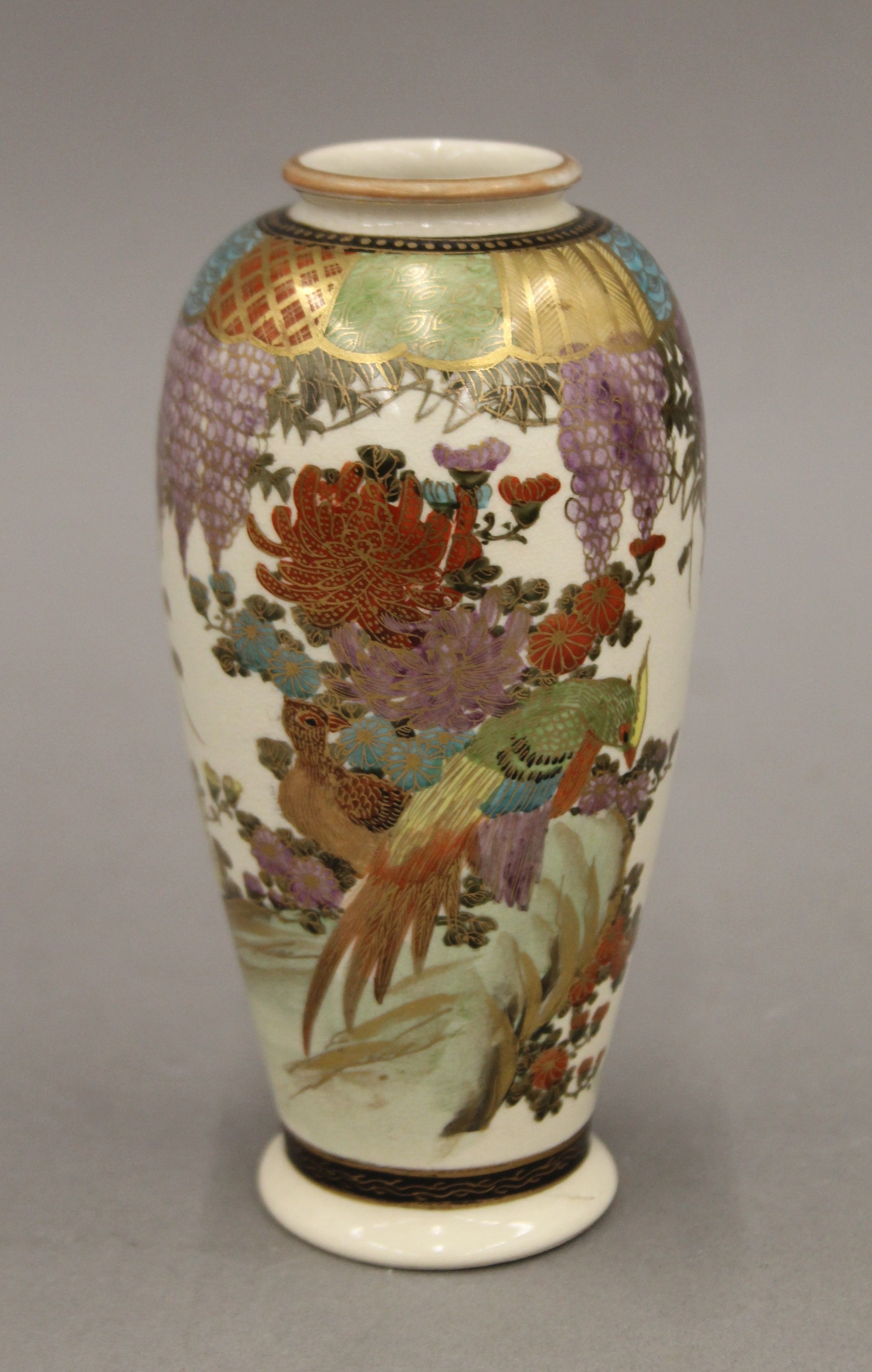 A pair of 19th century Satsuma vases decorated with racemes of wisteria. Signed to base. 15 cm high. - Image 2 of 6