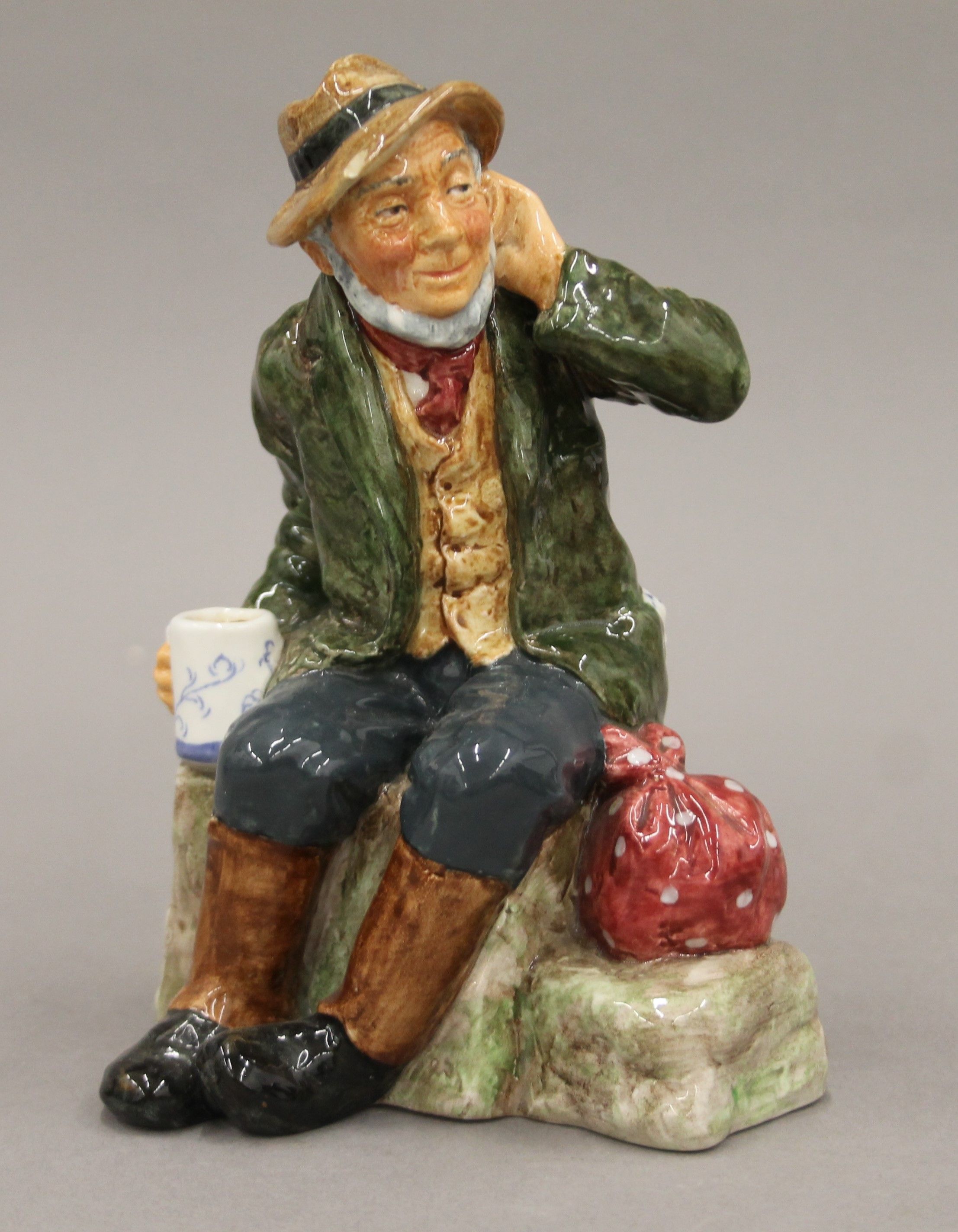 Six Royal Doulton figures: Jester, Cobbler, Carpet Seller, Jovial Monk, Falstaff and Owd Willum. - Image 18 of 21