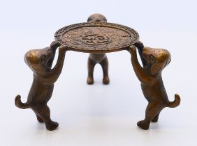 A Chinese small stand supported by three dog figures. 4 cm high.