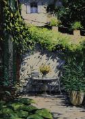 Tranquil Seating Area, oil on board, indistinctly signed, framed. 26 x 37 cm.