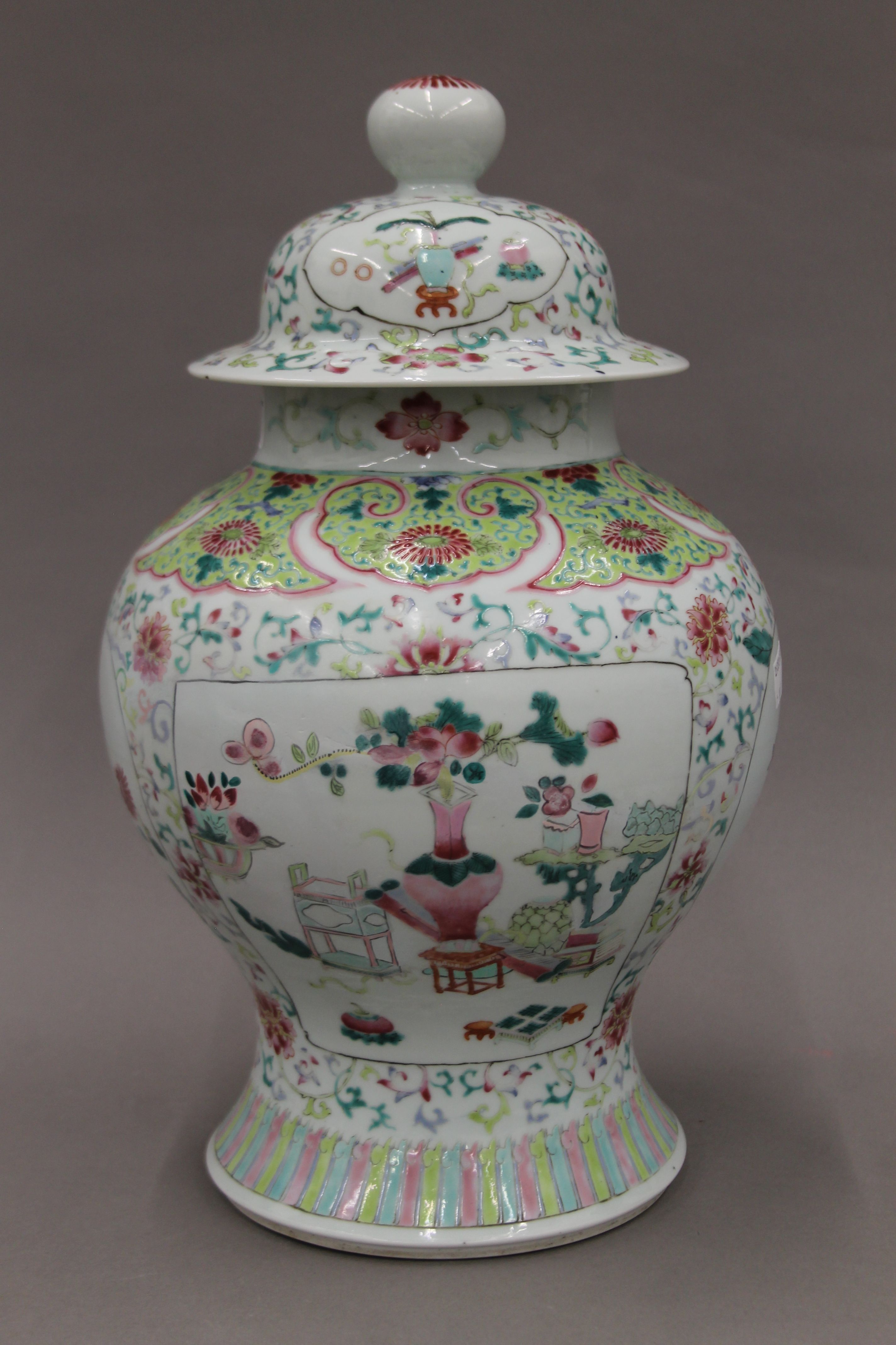 A 19th century Chinese porcelain polychrome decorated baluster vase and cover with panels of - Bild 5 aus 7