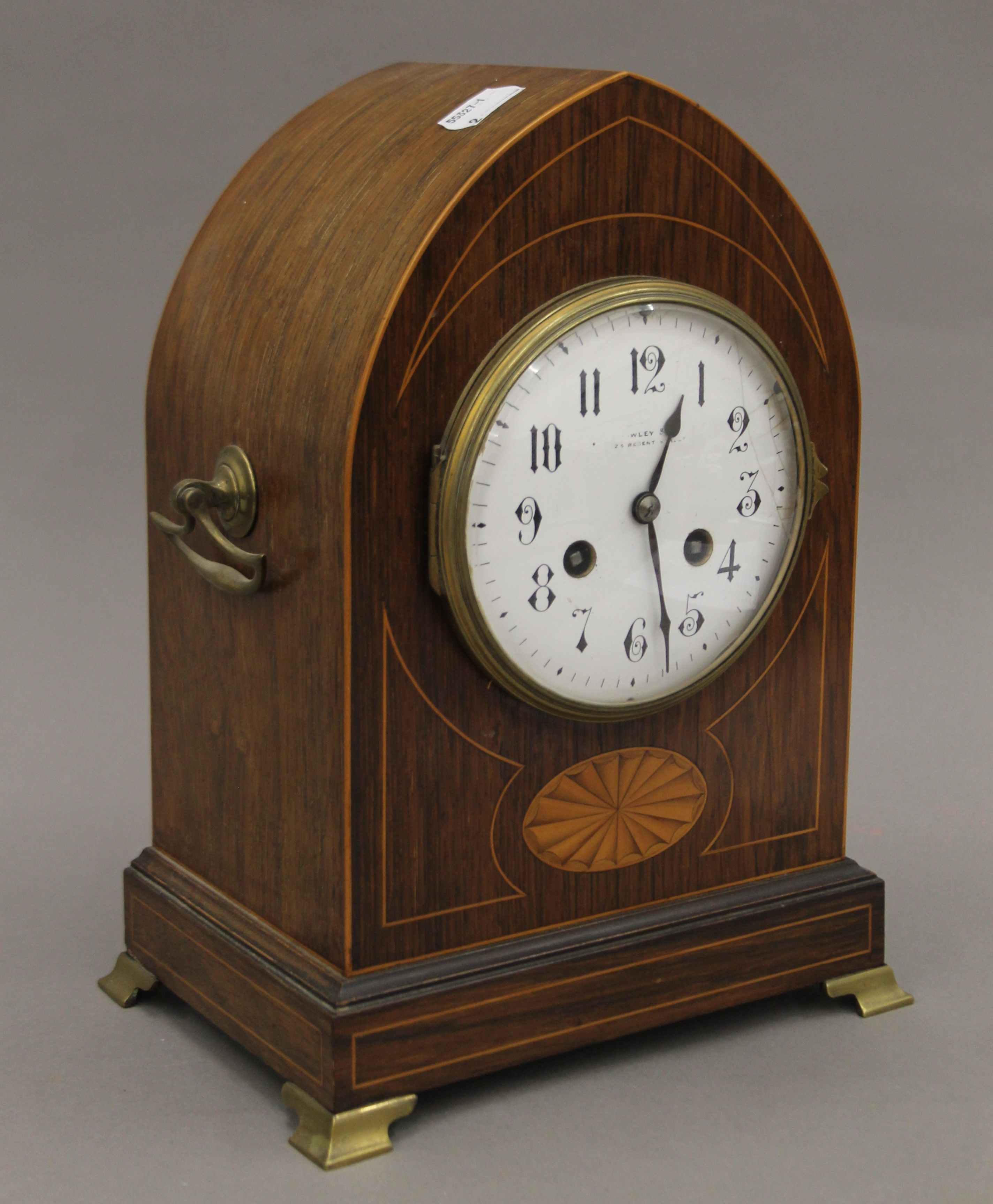 An Edwardian inlaid rosewood cased mantle clock. 30 cm high. - Image 3 of 10