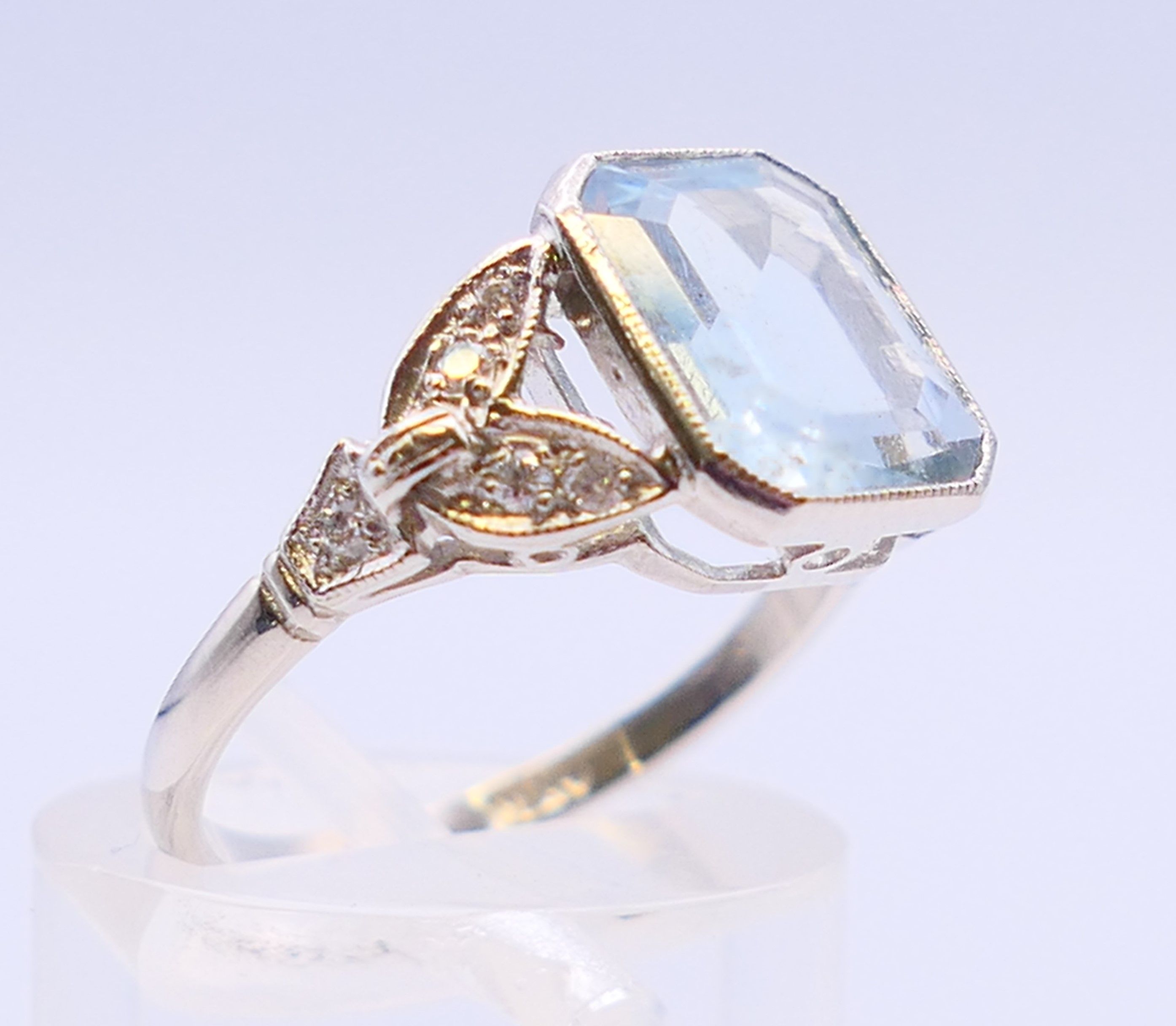 A platinum, aquamarine and diamond ring. Ring size L/M. - Image 3 of 6