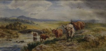 ROBERT GALLON (1845-1925), Highland Cattle, watercolour, signed, framed and glazed. 35.5 x 18 cm.