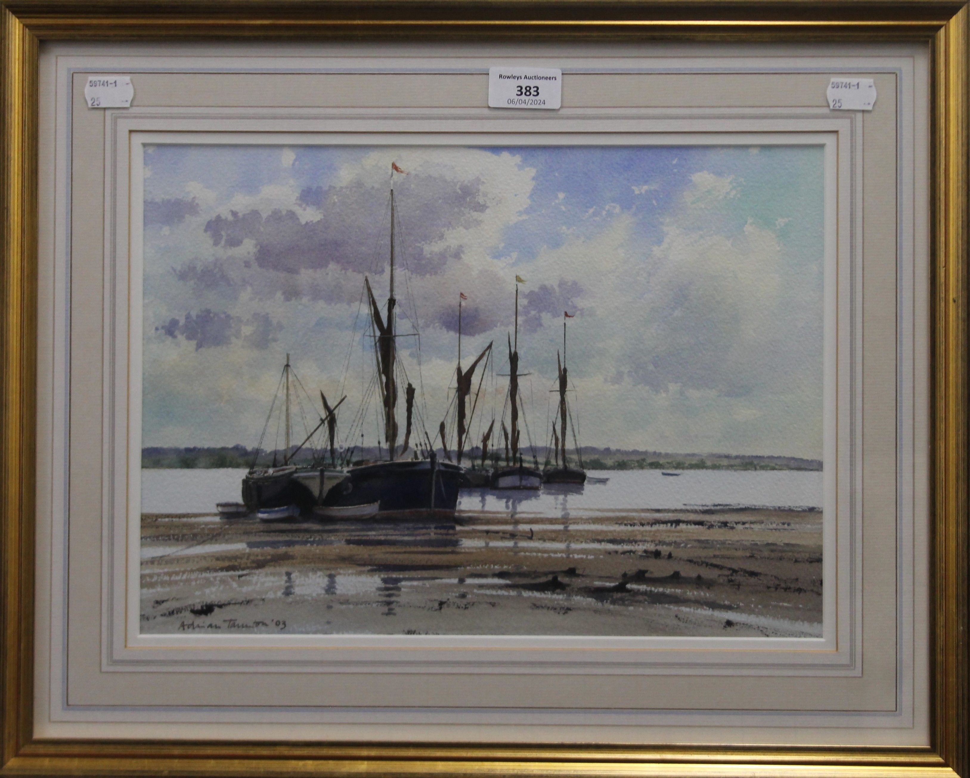 ADRIAN TAUNTON, Barges at Low Tide, watercolour, framed and glazed, - Image 2 of 6