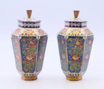 A pair of small hexagonal cloisonne vases. Each 10 cm high.