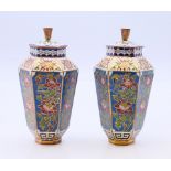 A pair of small hexagonal cloisonne vases. Each 10 cm high.