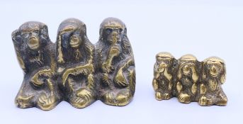 Two brass three wise monkey figures (Hear No Evil, See No Evil, Speak No Evil). Largest 7.