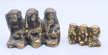 Two brass three wise monkey figures (Hear No Evil, See No Evil, Speak No Evil). Largest 7.