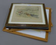 Three prints of Hunting Scenes by LIONEL EDWARDS and three pictures of vintage tractors.