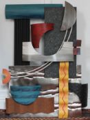 An abstract metal art wall hanging, initialled CC and dated 2007. 60 x 97 cm.