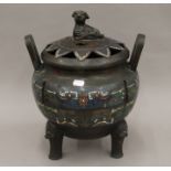 A large 18th/19th century Chinese cloisonne lidded censer, the underside with impressed marks.