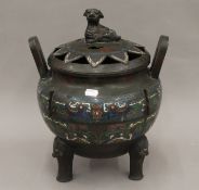 A large 18th/19th century Chinese cloisonne lidded censer, the underside with impressed marks.