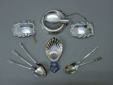 A quantity of silver teaspoons, an ashtray, decanter labels, etc. The ashtray 6 cm diameter. 118.