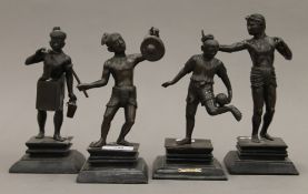 Four 19th century Burmese bronze figures, each mounted on a wooden plinth base.