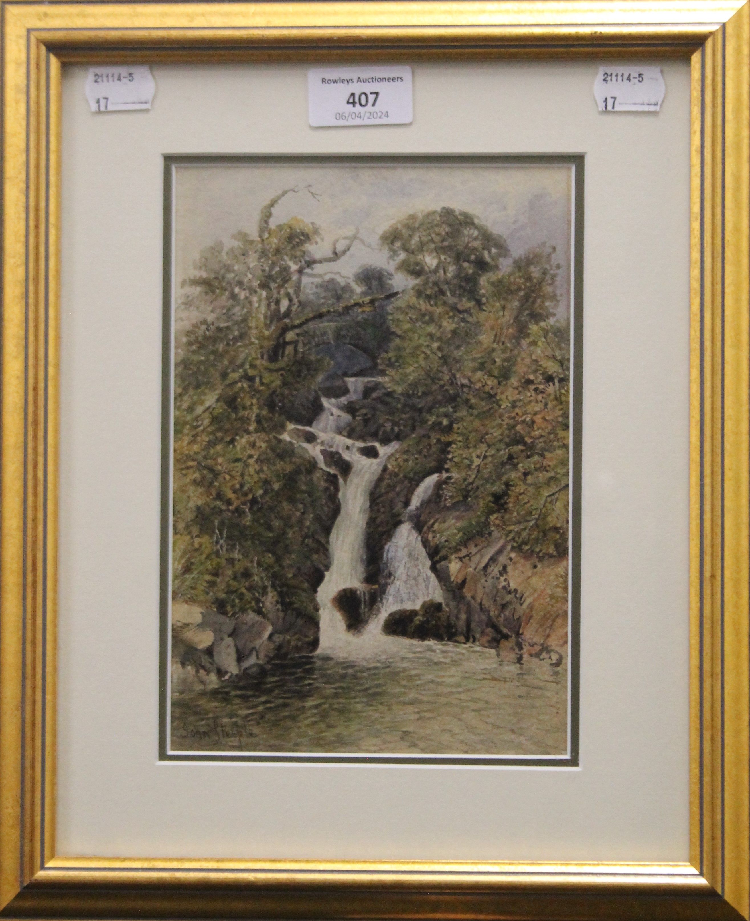 JOHN STEEPLE, RA (1823-1887) Rydal Lower Fall, watercolour, signed, framed and glazed. 21 x 14 cm. - Image 2 of 3