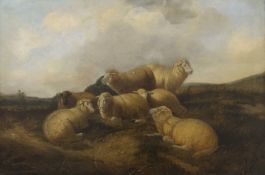 19TH CENTURY SCHOOL, Sheep in a Landscape, oil on re-lined canvas, framed. 75 x 49.5 cm.