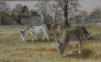 R SURFLETT, Grazing Donkeys, watercolour, framed and glazed. 27.5 x 17 cm.