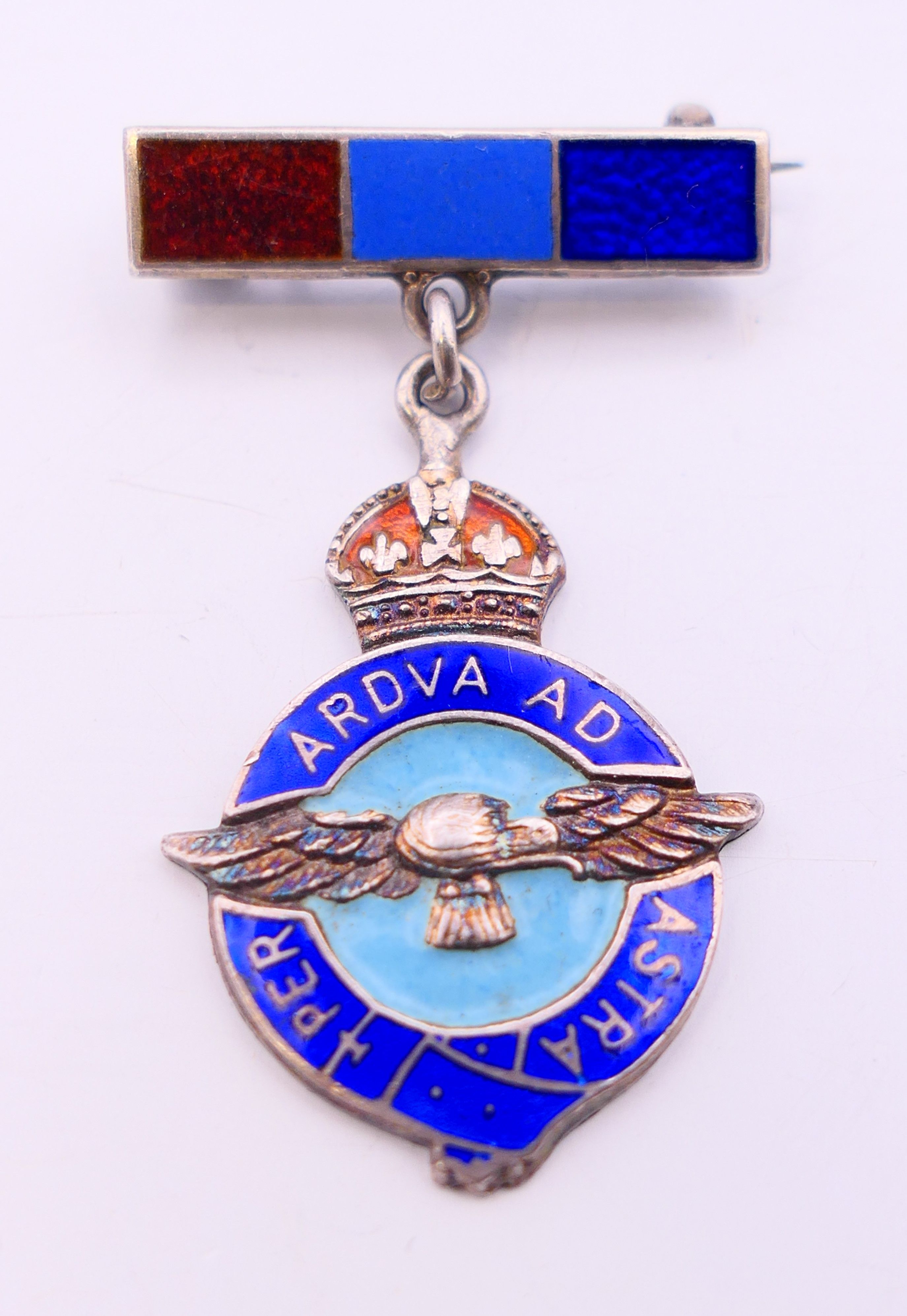 A silver and enamel Per Ardva Ad Astra RAF brooch and bar. 3.5 cm high.