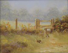 G HEATH, Rural Scene with Stile and Rabbits, oil on canvas, framed and glazed. 24 x 19 cm.