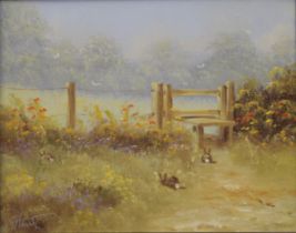G HEATH, Rural Scene with Stile and Rabbits, oil on canvas, framed and glazed. 24 x 19 cm.