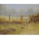 G HEATH, Rural Scene with Stile and Rabbits, oil on canvas, framed and glazed. 24 x 19 cm.