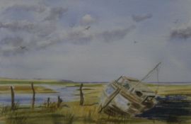 A P HINDLE, Boat Ashore, watercolour, signed with monogram, framed and glazed. 36 x 24 cm.