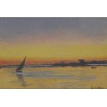 CARL WUTTKE (1849-1927) German, Felucca Boat at Sunset, oil, framed and glazed. 24.5 x 16.5 cm.
