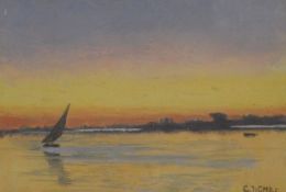 CARL WUTTKE (1849-1927) German, Felucca Boat at Sunset, oil, framed and glazed. 24.5 x 16.5 cm.