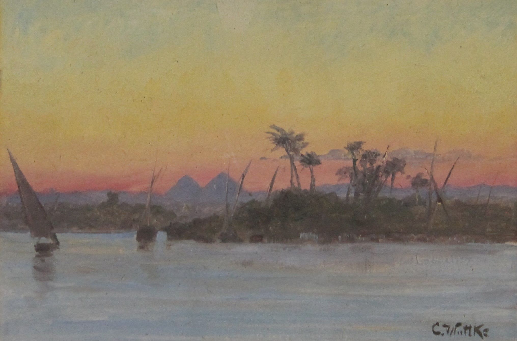 CARL WUTTKE (1849-1927) German, Felucca Boats on the Nile with Pyramids Beyond, oil,