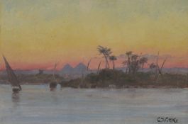 CARL WUTTKE (1849-1927) German, Felucca Boats on the Nile with Pyramids Beyond, oil,