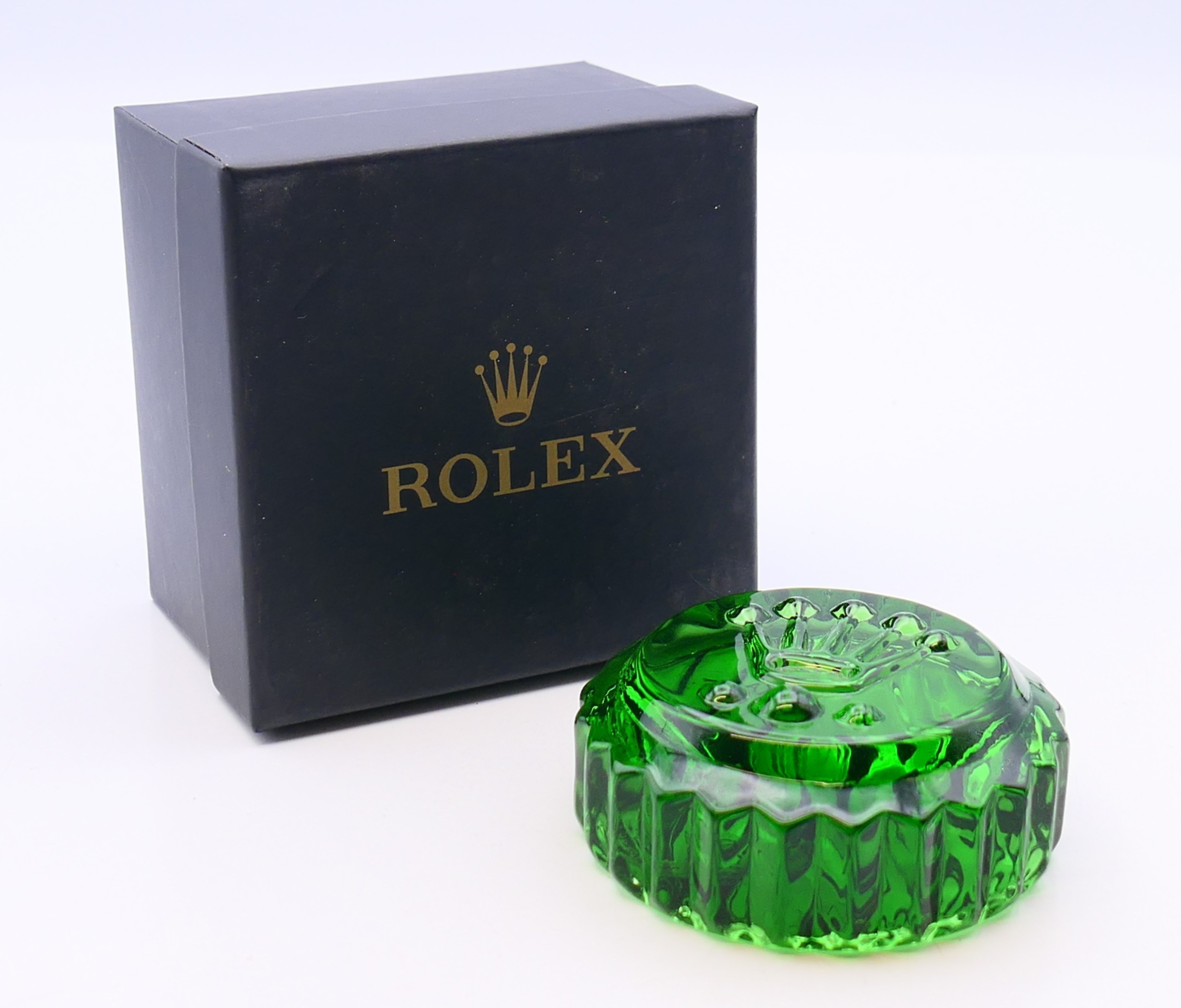 A round Rolex green glass paperweight. 7 cm diameter. - Image 4 of 4