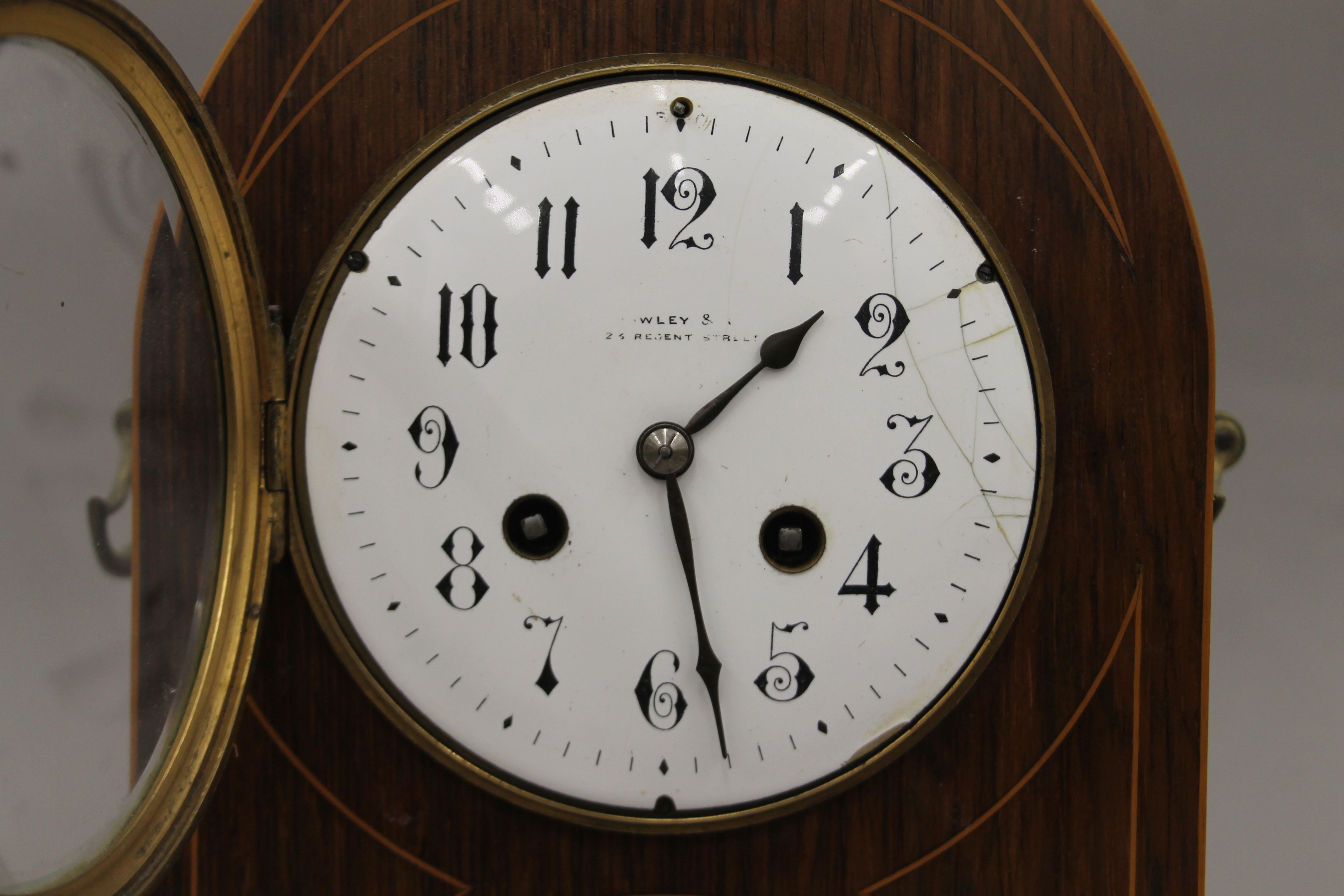 An Edwardian inlaid rosewood cased mantle clock. 30 cm high. - Image 9 of 10