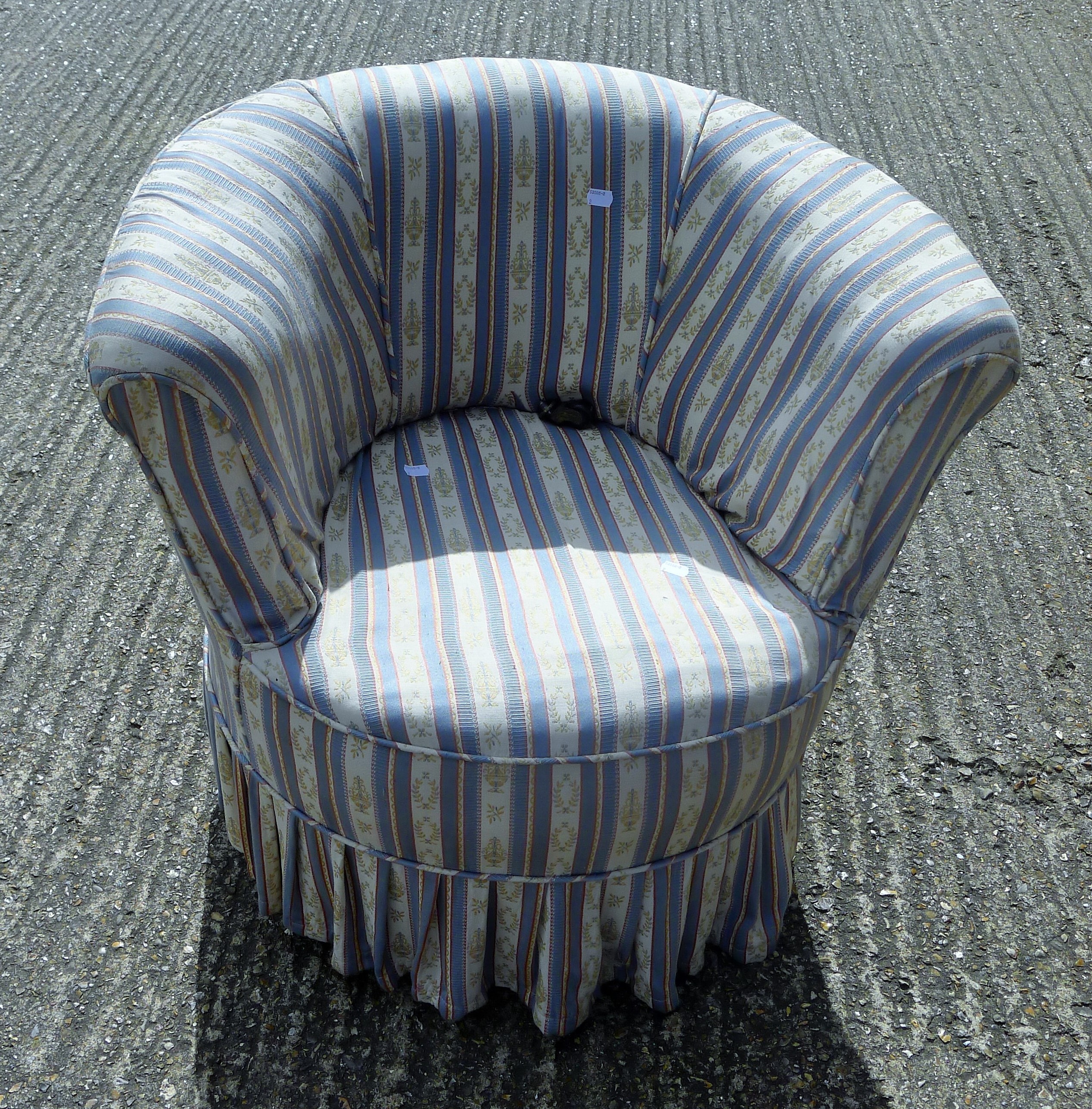 A Victorian tub chair and a Victorian nursing chair with blue and white striped loose upholstery. - Image 2 of 5