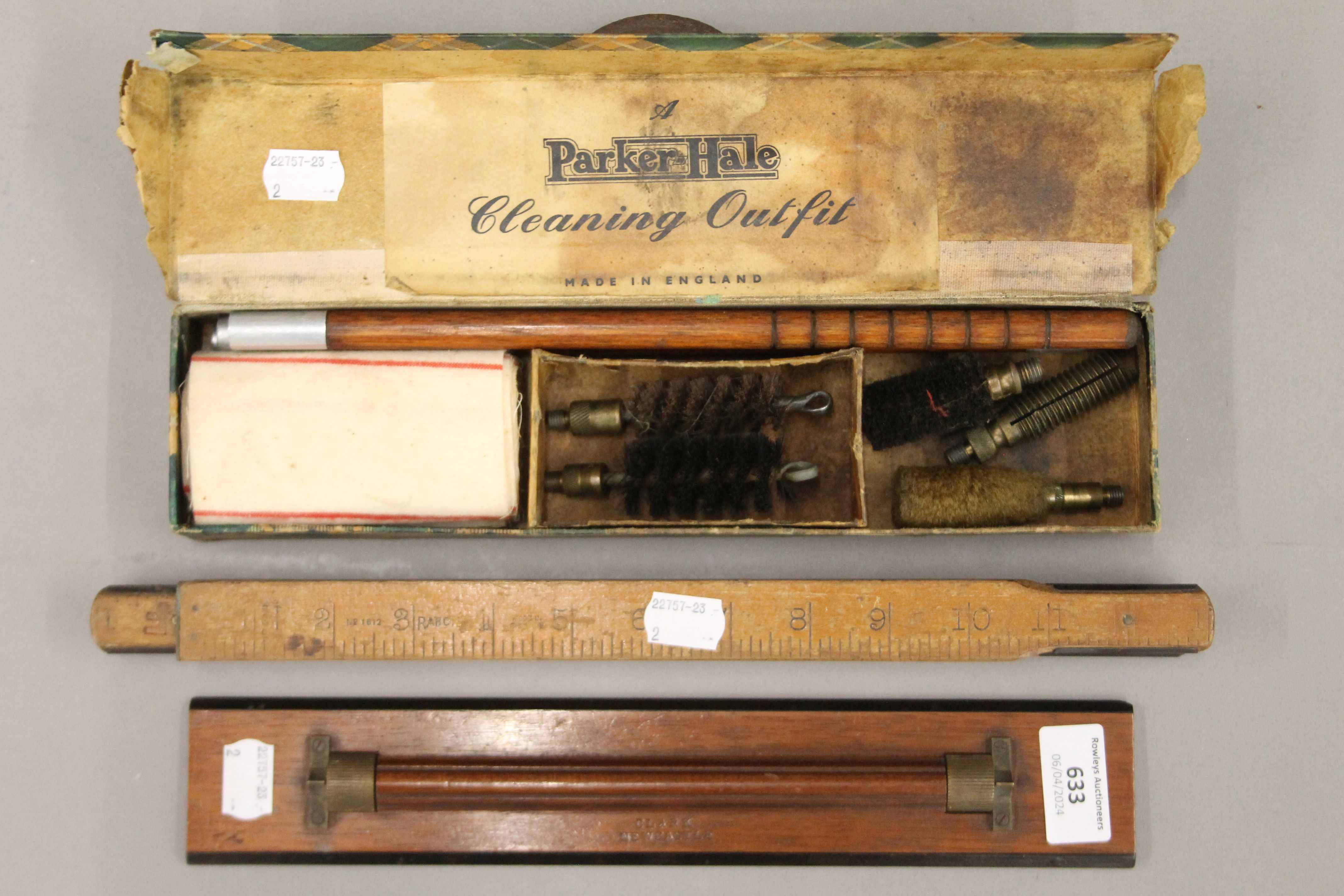 A boxed gun-cleaning outfit in a Parker-Hale box, a folding rule etc. The box 32 cm long. - Image 2 of 10