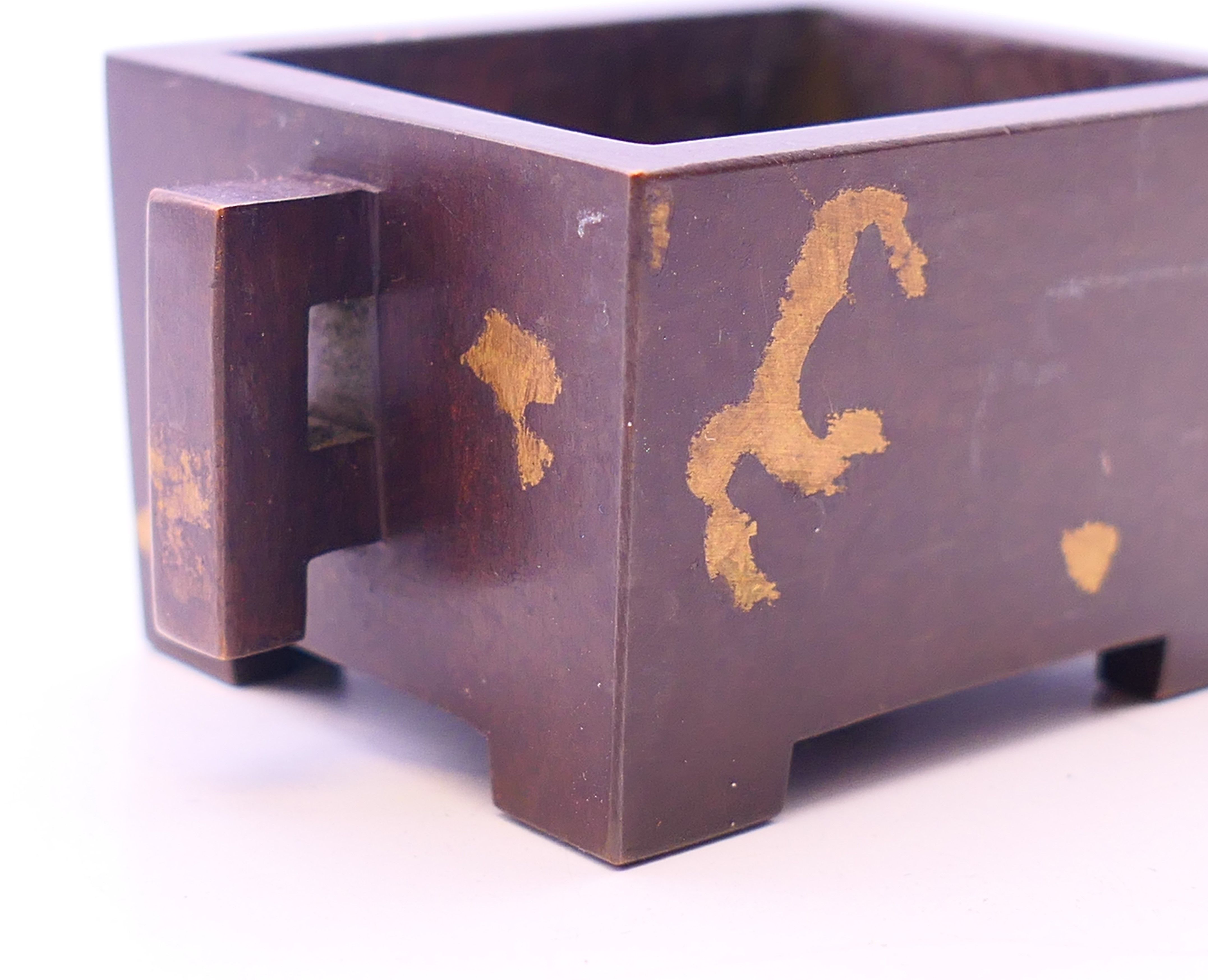 A bronze rectangular gold splash censer. 3 cm high. - Image 3 of 4