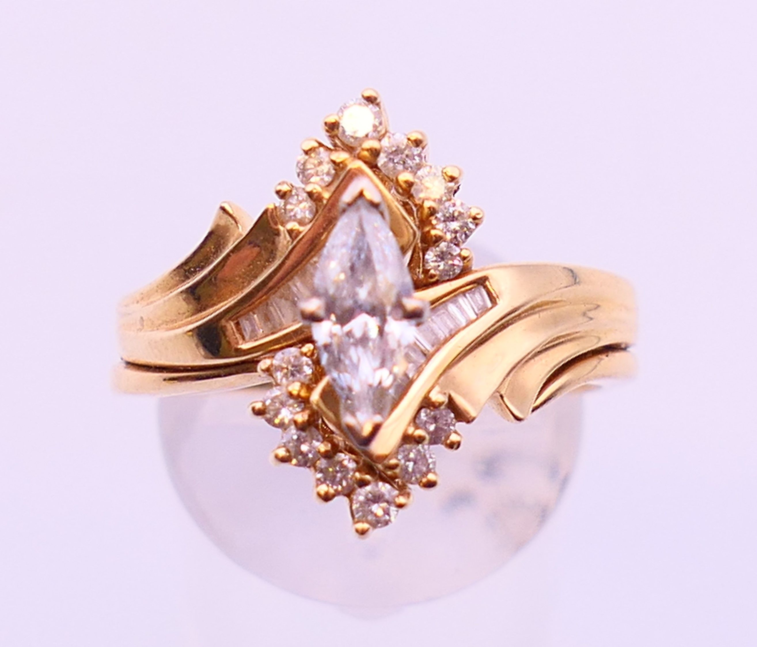 A 14 ct gold marquise diamond ring. Ring size S/T. - Image 2 of 6