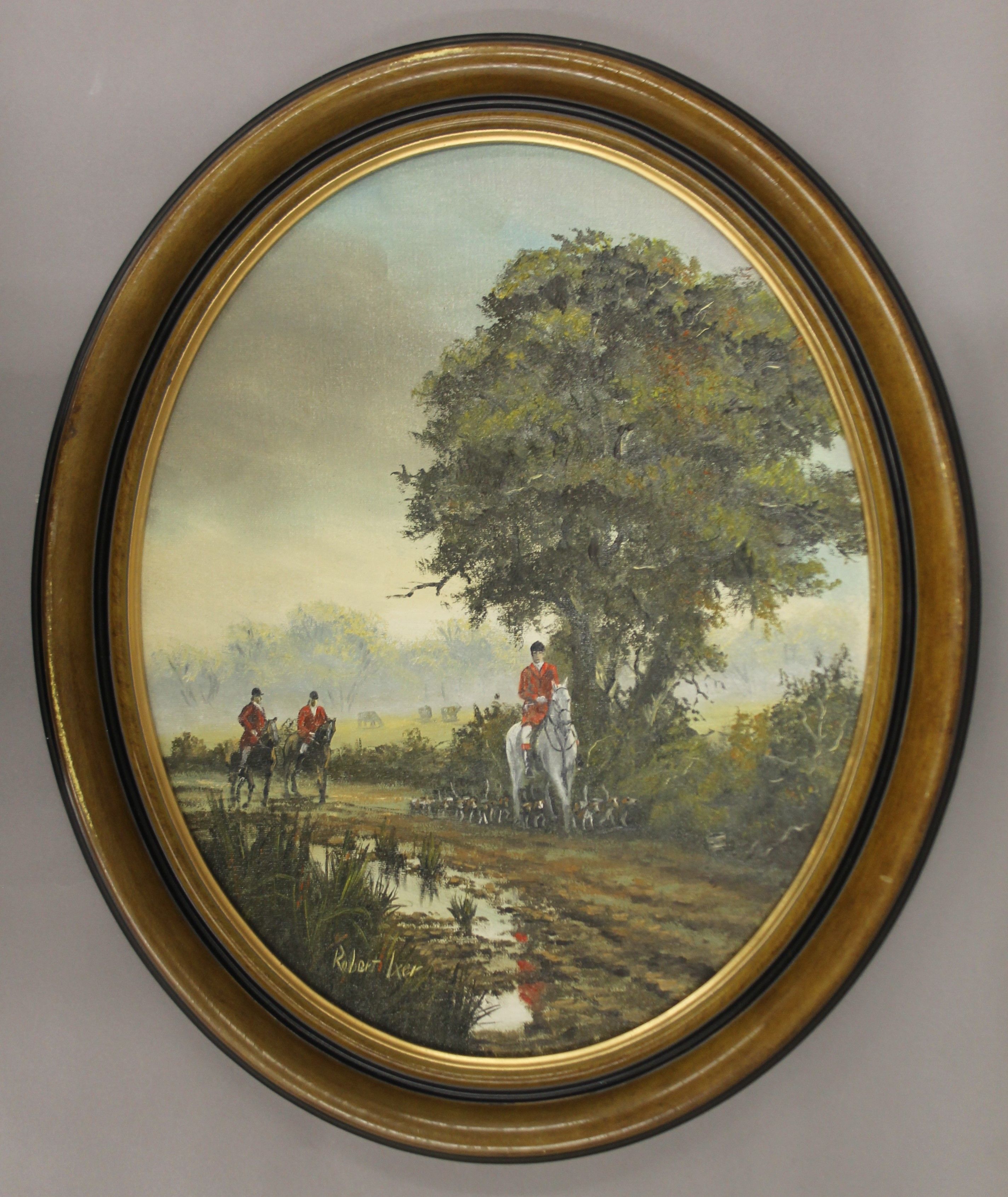 Hunting Scene, signed Robert Ixer, housed in an oval frame. 49 cms high.