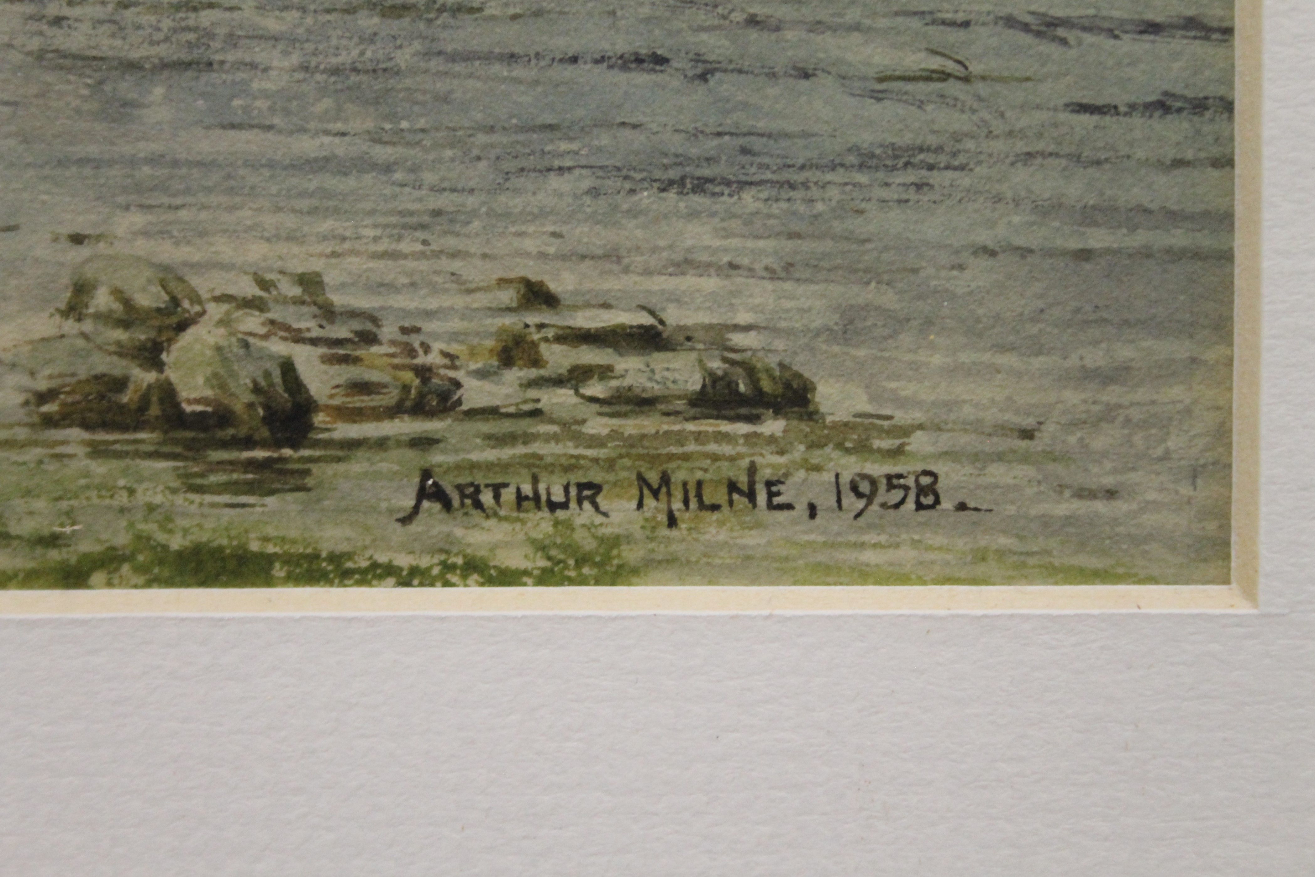 ARTHUR EDWARD MILNE (1888-1981), Fly Fishing, watercolour, dated 1958, signed, framed and glazed. - Image 3 of 3