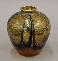 A smoked art glass vase with painted decoration. 13 cm high.