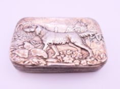 A Victorian silver plated snuff box embossed with a shooting scene with a flat coat retriever. 6.