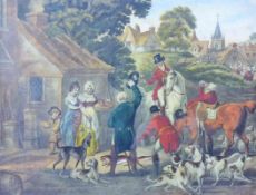 English Village, romantic depiction of 19th century life, end of fox hunt scene and folk dancing,