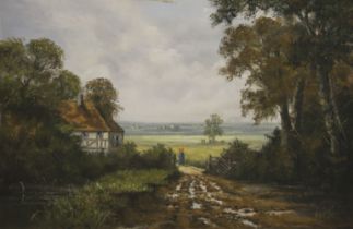 Country Scene with Woman at Gate, oil on canvas, framed. 76 x 49 cm.